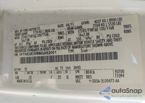 2011 Ford E-250 Commercial z USA, uszkodzony, nr VIN 1FTNE2EW8BDA92051